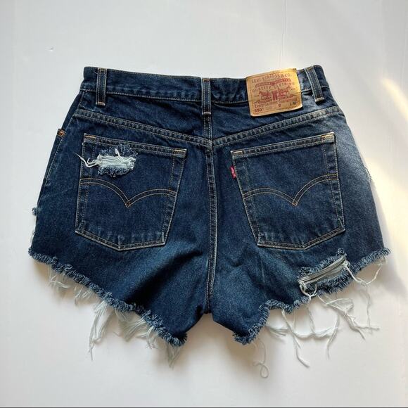 Vintage Levi’s Jean Shorts 30" Custom Distressed High Rise Blue Denim Dark Wash - Picture 2 of 13